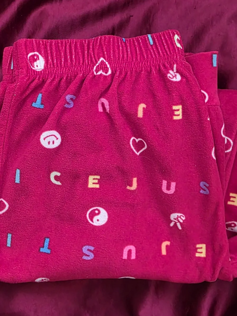 NWOT- Justice 16-18 XL Red  Pajama Pants with Multicolor Icons